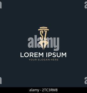 SZ monogram initial logo with fountain pen and pillar style design ideas Stock Vector