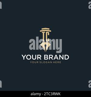 TC monogram initial logo with fountain pen and pillar style design ideas Stock Vector