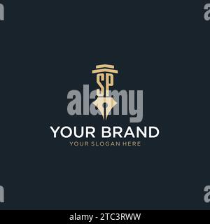 SP monogram initial logo with fountain pen and pillar style design ideas Stock Vector