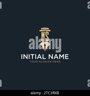 MS monogram initial logo with fountain pen and pillar style design ideas Stock Vector
