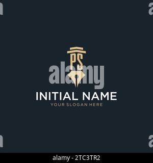 PS monogram initial logo with fountain pen and pillar style design ideas Stock Vector