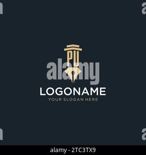 PU monogram initial logo with fountain pen and pillar style design ideas Stock Vector