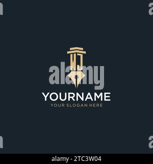 WJ monogram initial logo with fountain pen and pillar style design ideas Stock Vector