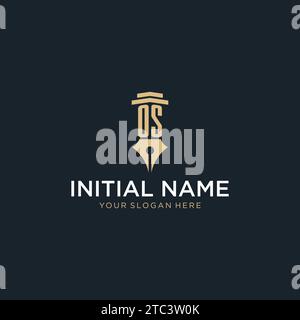 OS monogram initial logo with fountain pen and pillar style design ideas Stock Vector