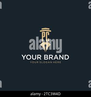 PC monogram initial logo with fountain pen and pillar style design ideas Stock Vector