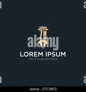 ZM monogram initial logo with fountain pen and pillar style design ideas Stock Vector