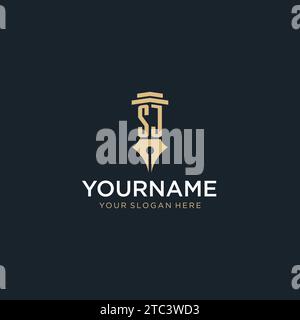 SJ monogram initial logo with fountain pen and pillar style design ideas Stock Vector