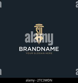 SV monogram initial logo with fountain pen and pillar style design ideas Stock Vector