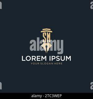 SM monogram initial logo with fountain pen and pillar style design ideas Stock Vector
