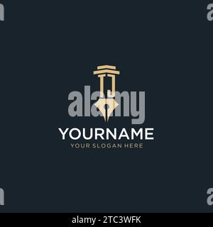 TJ monogram initial logo with fountain pen and pillar style design ideas Stock Vector
