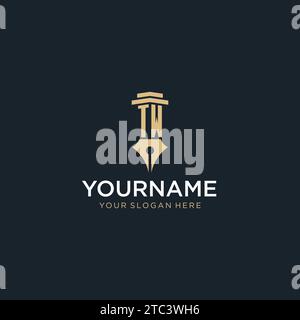 TW monogram initial logo with fountain pen and pillar style design ideas Stock Vector