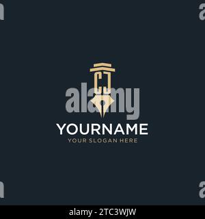 CJ monogram initial logo with fountain pen and pillar style design ideas Stock Vector