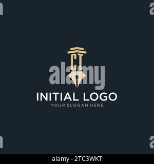 CT monogram initial logo with fountain pen and pillar style design ideas Stock Vector
