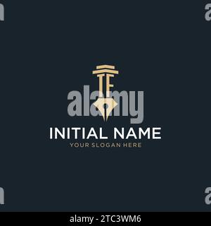 TF monogram initial logo with fountain pen and pillar style design ideas Stock Vector