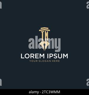 TM monogram initial logo with fountain pen and pillar style design ideas Stock Vector