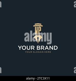WP monogram initial logo with fountain pen and pillar style design ideas Stock Vector