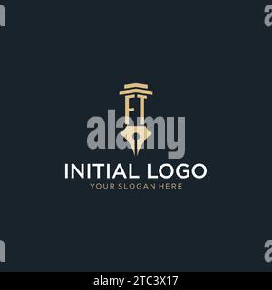 FT monogram initial logo with fountain pen and pillar style design ideas Stock Vector