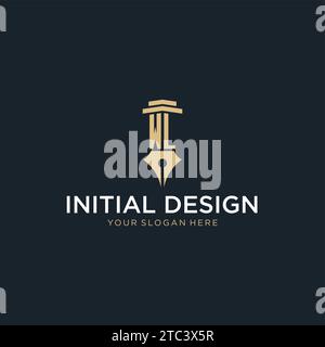 WL monogram initial logo with fountain pen and pillar style design ideas Stock Vector
