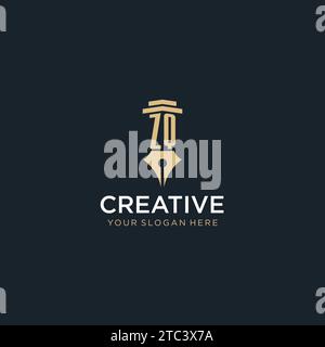 ZQ monogram initial logo with fountain pen and pillar style design ideas Stock Vector