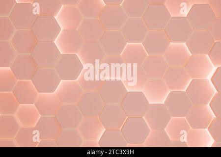 Luxury abstract hexagonal peach background with golden glow. 3d rendering Stock Photo