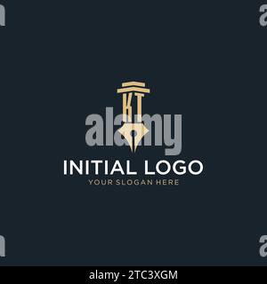 KT monogram initial logo with fountain pen and pillar style design ideas Stock Vector