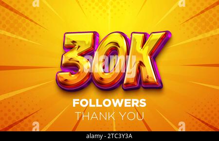 30k followers celebration. Social media poster. Followers thank you lettering. 3D Rendering Stock Photo