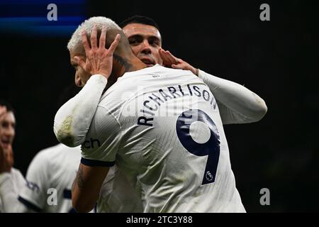 London, UK. 10th Dec, 2023. Richarlison of Tottenham Hotspur celebrates with his teammates after he scores his teams 2nd goal. Premier League match, Tottenham Hotspur v Newcastle Utd at the Tottenham Hotspur Stadium in London on Sunday 10th December 2023 . this image may only be used for Editorial purposes. Editorial use only pic by Sandra Mailer/Andrew Orchard sports photography/Alamy Live news Credit: Andrew Orchard sports photography/Alamy Live News Stock Photo