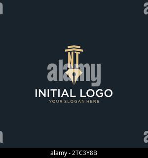 NT monogram initial logo with fountain pen and pillar style design ideas Stock Vector