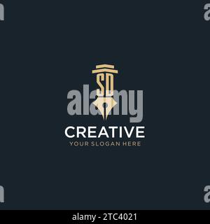 SD monogram initial logo with fountain pen and pillar style design ideas Stock Vector