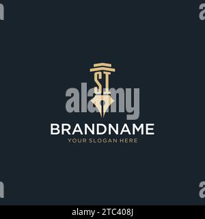 SI monogram initial logo with fountain pen and pillar style design ideas Stock Vector