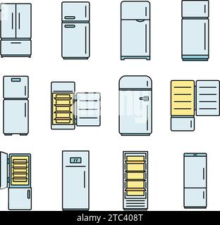 Modern fridge icons set. Outline set of modern fridge vector icons thin line color flat on white Stock Vector