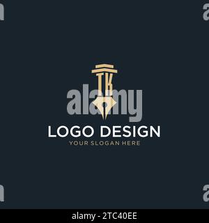 TK monogram initial logo with fountain pen and pillar style design ideas Stock Vector