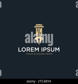 WM monogram initial logo with fountain pen and pillar style design ideas Stock Vector