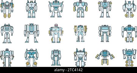 Futuristic robot-transformer icons set. Outline set of futuristic robot-transformer vector icons thin line color flat on white Stock Vector