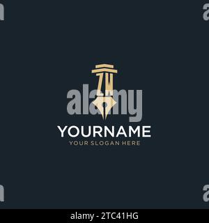 ZW monogram initial logo with fountain pen and pillar style design ideas Stock Vector