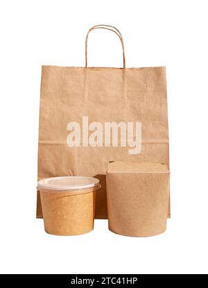 Different types of Asian takeaway packages, food packs. Paper bag, box for noodles, container for soup isolated on white Stock Photo