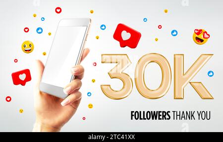 30k followers celebration. Hand holding mobile smartphone with blank screen. Mockup. Social media poster. Followers thank you. 3D Rendering Stock Photo