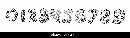 Black digits numbers font from 0 to 9 font collection consisting of dots. Vector illustration in doodle hand drawn style isolated on white background. Stock Vector