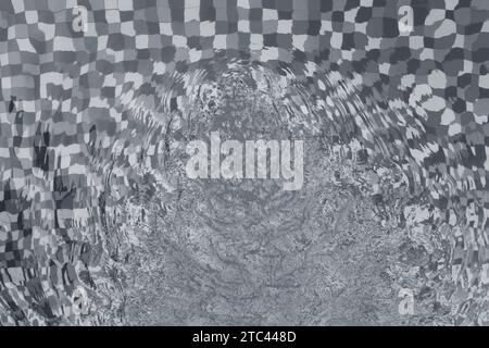 Rippled water and swimming pool mosaic tiles viewed from above. Abstract high resolution full frame vacation background in black and white, copy space Stock Photo