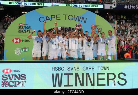 CAPE TOWN, SOUTH AFRICA - 10 DECEMBER 2023: Argentina celebrate winning the HSBC SVNS Cape Town after the Mens Final match between Argentina and Australia on Day 2 of the 2023 HSBC Cape Town Sevens held at Cape Town Stadium in Cape Town, South Africa on 10 December 2023. Photo by Shaun Roy/Alamy Live News Stock Photo