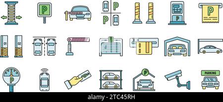 Underground parking garage icons set. Outline set of underground parking garage vector icons thin line color flat on white Stock Vector