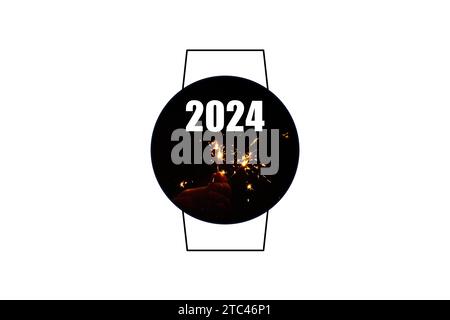 A man's hand holds sparklers in the dark and the text 2024 photo inside the icon with a clock on a white background, Happy New Year 2024, holiday Stock Photo