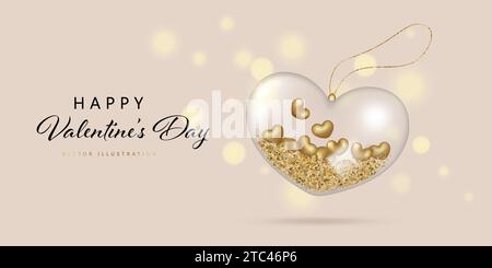 Valentines Day Elegant Banner with Transparent Glass Heart with glitter inside. Vector illustration in a 3D style Stock Vector