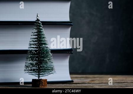 Small Christmas tree on the background stack books Stock Photo