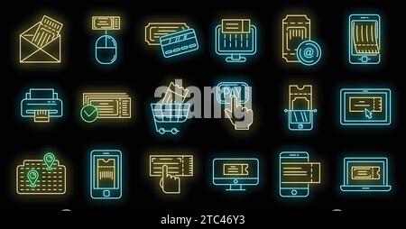 Online tickets booking icons set. Outline set of online tickets booking vector icons neon color on black Stock Vector