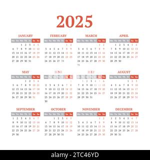 2025 simple vector calendar template. Weeks start on Monday Stock Vector