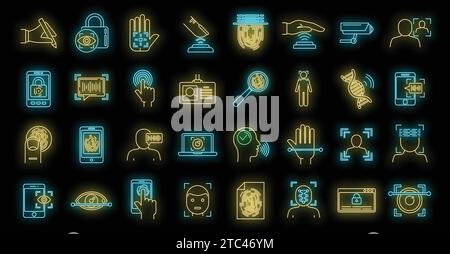Modern biometric authentication icons set. Outline set of modern biometric authentication vector icons neon color on black Stock Vector