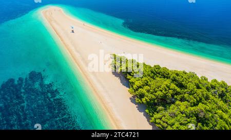 Aerial view of the Golden Horn Beach in Croatia. Also known as Zlatni Rat Beach it was named as one of the best beaches in the world coming in at 12th Stock Photo