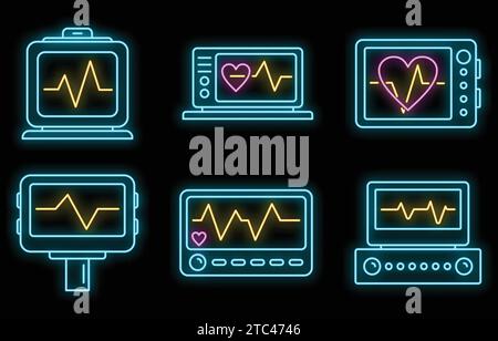 Medical electrocardiogram icons set. Outline set of medical electrocardiogram vector icons neon color on black Stock Vector