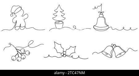 Set of Christmas line arts, continuous line vector illustration Stock Vector